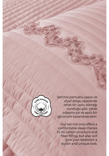 Evlen Home Mihrimah Dantelli Lüks Yatak Örtüsü Seti Çift Kişilik %100 Pamuklu Şık Zarif Yumuşak Dokulu Pudra