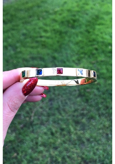 Renkli Baget Taşlı Gold Renk Çelik Kelepçe