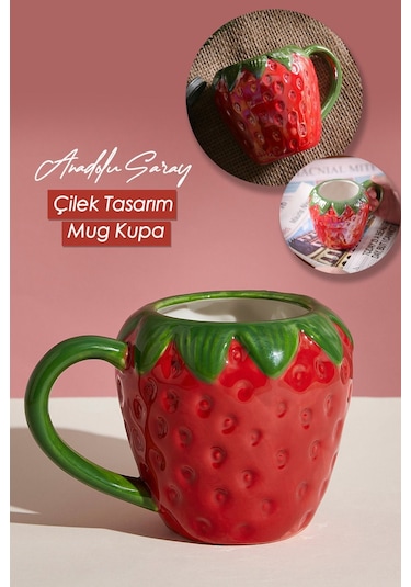 Anadolu Saray El Yapımı Seramik Büyük Boy Çilek Tasarım Mug Kupa Fincan | Seramik Mug Fincan Kupa Kahve Kupası