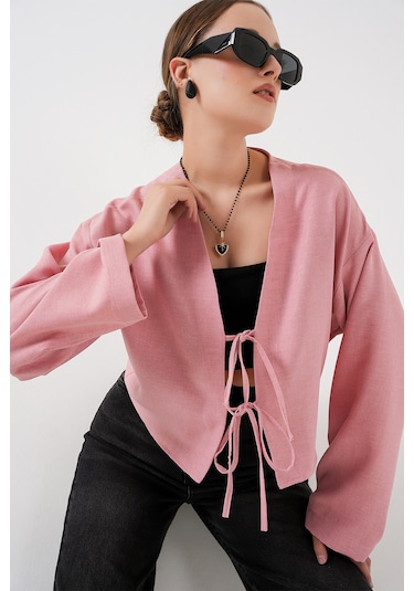 Bigdart Önü Bağlamalı Keten Kimono 960 - Pudra