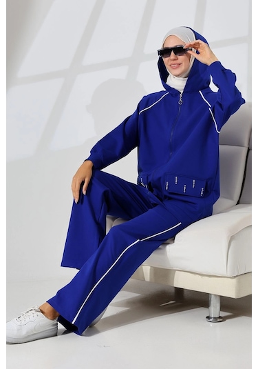 Kadın Saks Mavisi Mevsimlik Penye Alt Üst Spor Ve Rahat Ikili Tunik Pantolon Şık Tesettür Takım Saks Mavisi