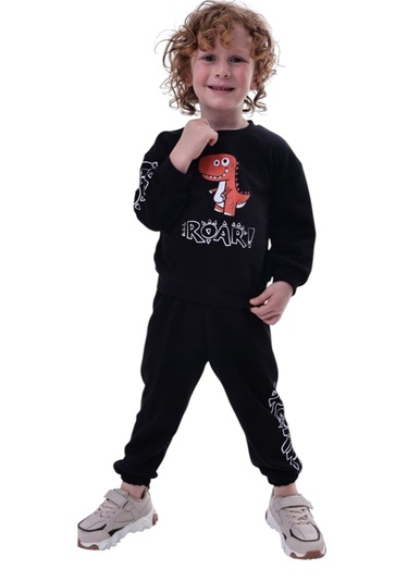 Erkek Çocuk Dinazor Ve Yazı Desenli Mevsimlik Siyah Renk Eşofman Takımı Siyah