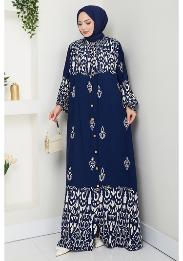 Çilay Düğmeli Dokuma Viskon Elbise 1561 - Lacivert Lacivert