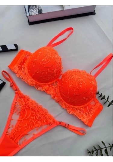 Arona Destekli Brode Nakışlı Turuncu Sütyen Takımı Turuncu