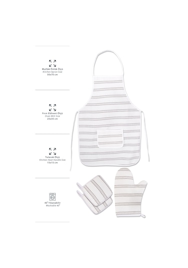 Morlay  İnce Çizgili ﻿﻿Mutfak Önlüğü Fırın Eldiveni ve Tutacak Takımı Mutfak Çeyiz Seti 4'lü Beyaz - Gri