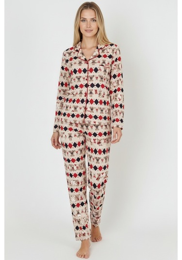 Luxury Soft Ekru Desenli Uzun Kollu Kadın Pijama Takımı 3028 Ekru