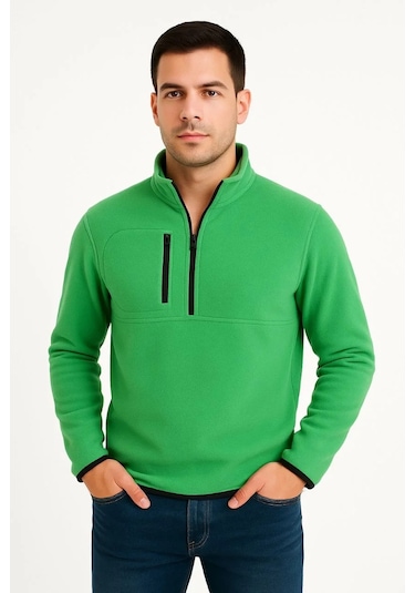 Erkek Polar Kazak Dik Yaka, Yarım Fermuarlı, Fermuarlı Göğüs Cepli, Siyah Biyeli, Kışlık Rahat Reg Yeşil