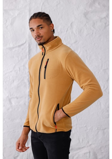 Monox Erkek Biyeli Fermuarlı Spor Polar Ceket Camel