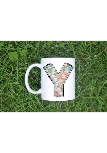 Y Harfli Pastel Çiçek Desenli Kahve Kupası - Kişiye Özel Çiçekler Koleksiyonu Bardak - Hediye Beyaz