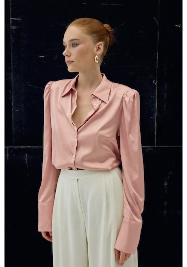 Sateen Vatkalı Saten Gömlek - Pembe-136730 Pembe