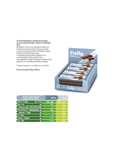 Delly Beyaz Çikolata & Kurabiye Aromalı Yüksek Proteinli Bar 12 x 40 G
