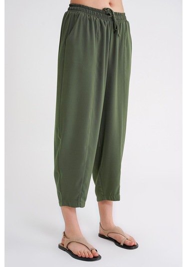 4307 Kadın Beli Lastikli Parçalı Şalvar Pantolon Haki Haki
