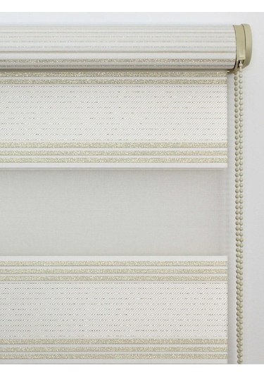 Buperde Beyaz - Altın Simli Pilise Pliseli Zebra Stor Perde