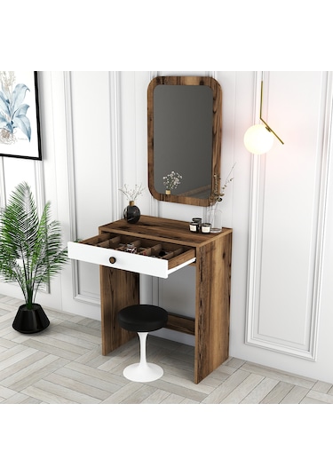 Lizbon Mini Makyaj Masası Aynalı - Ceviz / Beyaz