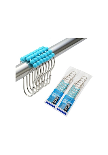 2'li Duş Perdesi Kanca Halkası, Paslanmaz Çelik Duş Perdesi Halkaları Ve Kancaları - 24'lü Set, Mavi Diğer