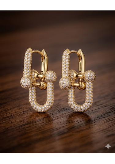 Kadın Full Taşlı Gold Renk Birbirine Geçmeli Çelik Küpe