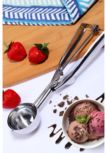 Basmalı Metal Dondurma Kepçesi Pratik Top Kurabiye Dondurma Servis Kaşığı Gümüş