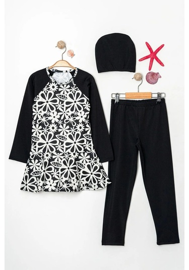 Kız Çocuk Genç Siyah Beyaz Çiçekli Tesettür 3 Parça Tesettür Mayo Takımı Siyah - Beyaz