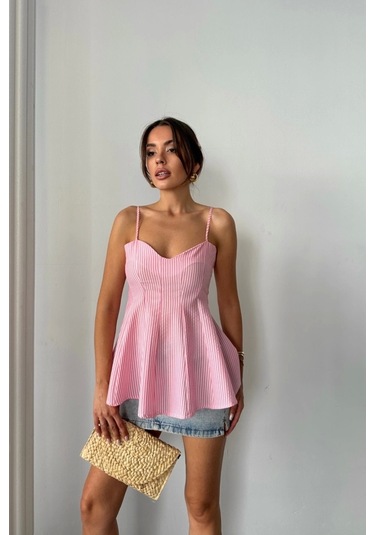 Çizgili Gofre Askılı Pens Detaylı Bluz - Pembe Pembe