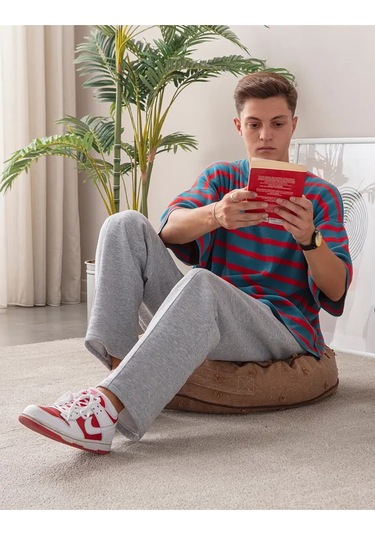 Çok Amaçlı Puantiyeli Keten Yer Bahçe Minderi Fermuarlı İç Dolgulu Yıkanabilir 60x67 Kahverengi