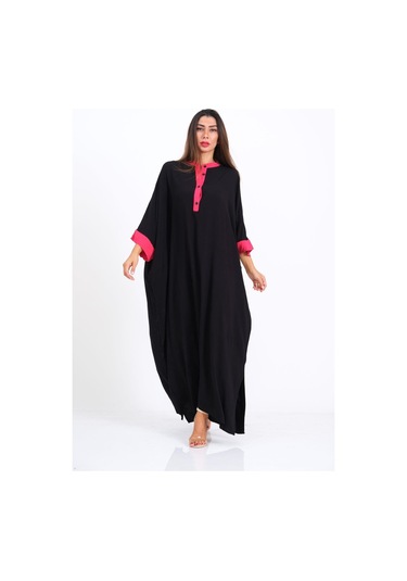 Kadın Siyah Sırtı Palmiye Nakışlı Yarasa Kol Oversize Uzun Elbise - Sıyah