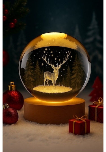 Geyik Figürlü Temalı Kristal Küre Gün Işığı Ledli Usb'li Ahşap Standlı 3d Oda Masa Ve Gece Lambası Renkli