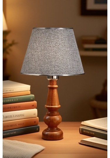 Ahşap Gövdeli Kumaş Başlıklı Dekoratif Abajur Masa Lambası Aydınlatma Lamba Gri