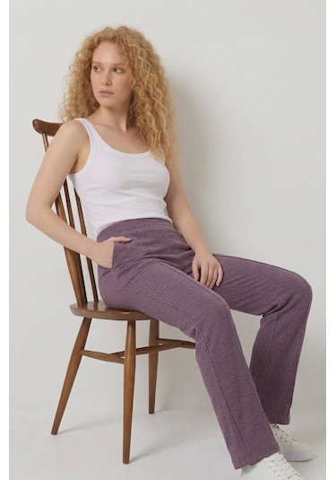 Relax Tıme Kadın Fitilli Kumaş Yüksek Bel Günlük Pantolon İspanyol Paça Mor