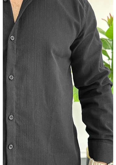 Erkek Krinkıl Kumaş Gömlek Siyah Edw362 Siyah