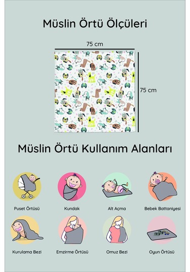 Dijital Baskılı 6lı Çok Amaçlı Müslin Örtü Seti - 75x75 Çok Renkli