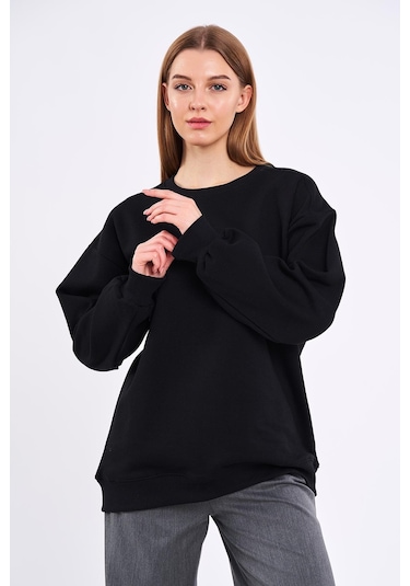 Comeor Siyah Kadın Pamuklu Oversize Basic Bisiklet Yaka Sweatshirt Siyah