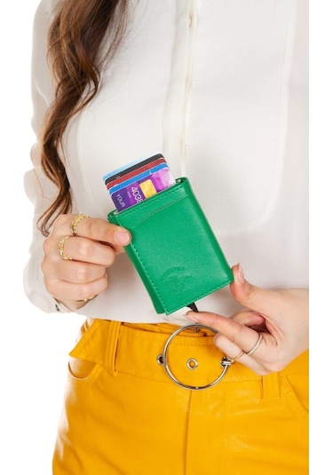 Tuldar Erkek Rfıd Otomatik Çekim Koruyucu Mekanizmalı Kağıt Para Bölmeli Hediyelik Kartlık Cüzdan Tul605 - Yeşil