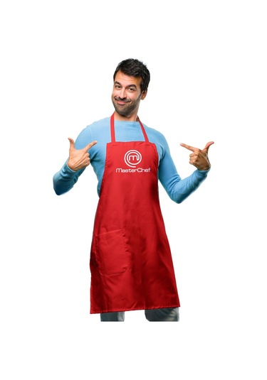 Masterchef Konseptli Kırmızı Mutfak Önlüğü - İsim Yazdırılabilir - Askılı Podye