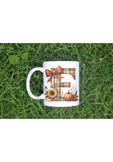 E Harfi Ekose Ve Sonbahar Temalı Kupa Bardak - Kişiye Özel Sıcak Tonlar Alfabe Kupa - Hediye Beyaz