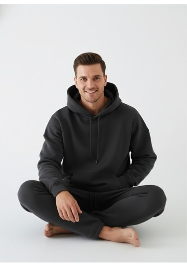 Erkek Gri Oversize Hoodie Sweatshirt Gri