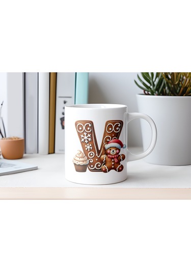 V Kurabiye Harf Ve Ayıcık Detaylı Kupa Bardak - Yeni Yıl / Yılbaşı Temalı Tasarım - Noel Hediye Beyaz