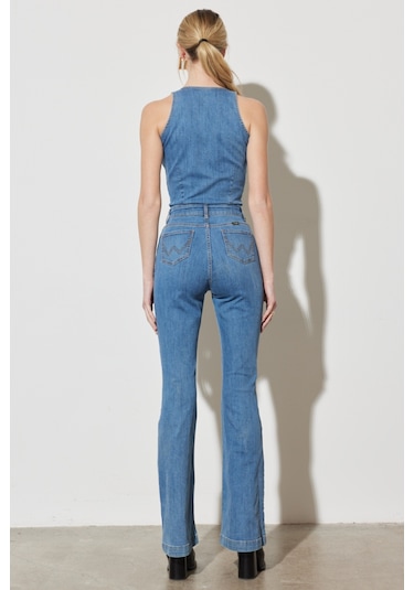 Regular Fit Normal Kesim Normal Bel Geniş Paça Kolsuz Açık Mavi Esnek Jean Tulum Açık Mavi