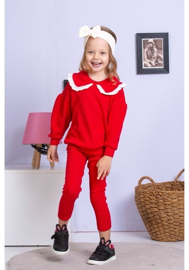 Fisto Yaka Detaylı Alt Üst Kaşkorse Kız Çocuk Takım Kırmızı