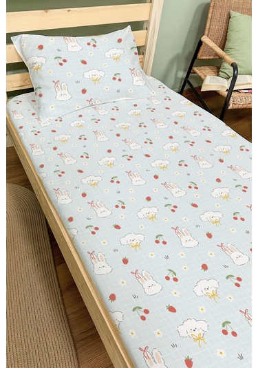 Organik Tek Kişilik Lastikli Çarşaf Seti - Şirin Tavşanlar Renkli