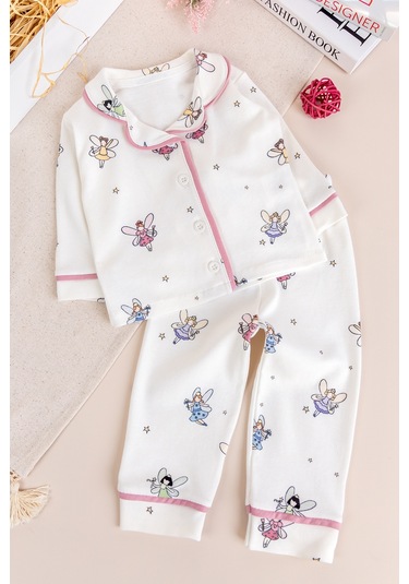 Babymod Bebe Yaka Önden Düğmeli Melek Desenli Kız Bebek Pijama Krem