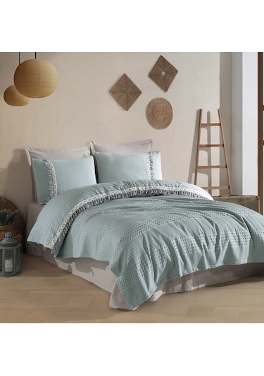 Butik Tek Kişilik Püsküllü Pike Takımı Bohamline V9 Mint