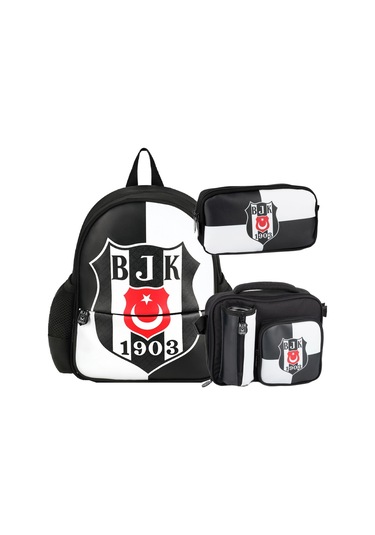 Beşiktaş 2 Bölmeli 1903 Logo Baskılı Suni Deri Anaokulu Çantası + Beslenme Çantası + Kalemlik Siyah