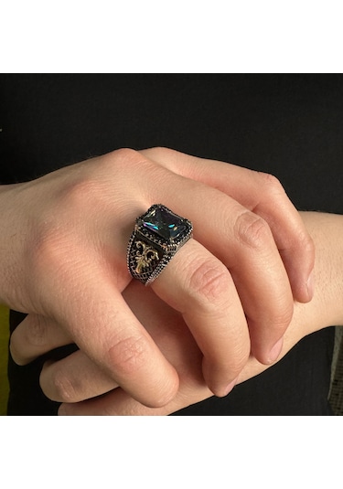 925 Ayar Gümüş Mistik Topaz Taşlı Pençeli Usta İşi Erkek Yüzük Gümüş