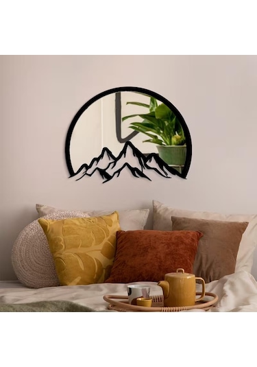 Cajuart Dekoratif Dağ Motifli Ayna Modern Duvar Dekoru Manzara Süs Tablo Siyah