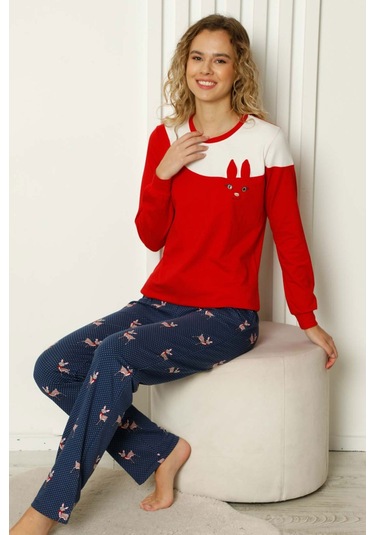 Kadın Kırmızı Bisiklet Yaka Uzun Kollu Pijama Takım EDY2679UK-K Kırmızı