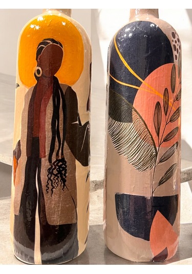 El Yapımı Dekoratif Yağdanlık, Afro Kadın Ve Tropikal Yaprak Desenli Zeytinyağı, Sirkelik, Sosluk Se Barok