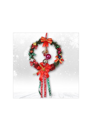 Yılbaşı Kapı Süsü, Ahşap Üzeri Garland Kapı Halkası - 33 Cm