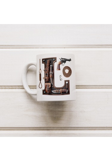 L Harfi Kovboy Temalı Bardak 330 Ml İsim / Harf Kişiye Özel Hediye - Vahşi Batı Konsept Beyaz