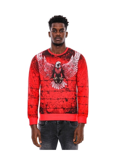 Wessi Kırmızı Baskılı Bisiklet Yaka Sweatshirt Kırmızı