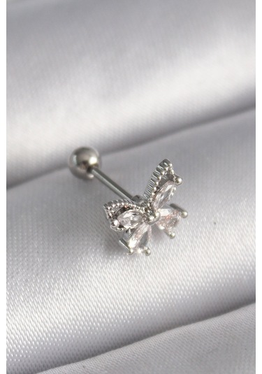 316l Çelik Gümüş Renk Zirkon Taşlı Kelebek Tragus Piercing